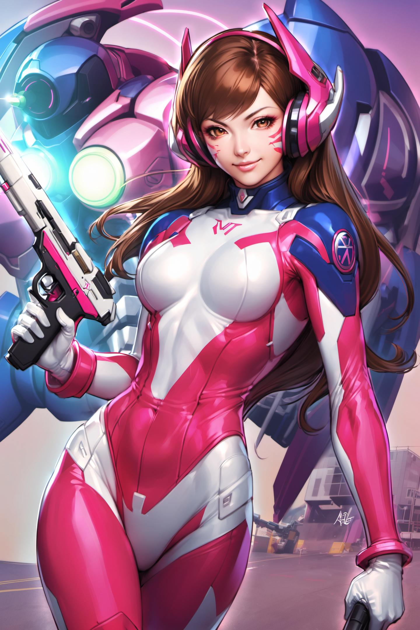 24567-416519993-1girl,d.va (overwatch),solo,brown hair,weapon,long hair,gun,bodysuit,mecha,brown eyes,whisker markings,robot,facial mark,gloves,.png